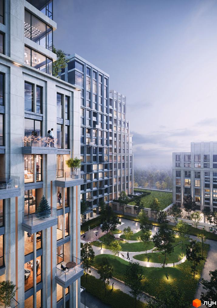 Doma Trabotti: фасад будівлі з балконами та панорамними вікнами, зелений двір з доріжками та освітленням.