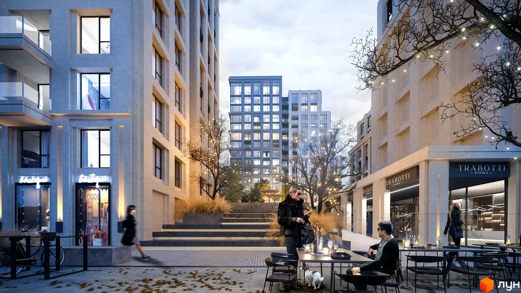 Doma Trabotti - житловий комплекс з фасадами з натурального каменю та затишною прибудинковою територією з вуличними меблями та освітленням.