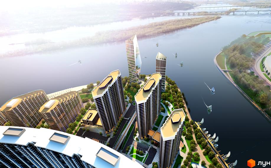 Житловий комплекс Зарічний: сучасні висотні будівлі біля річки з доглянутою прибудинковою територією та зеленими насадженнями.