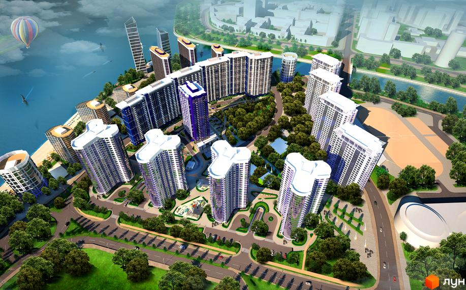 Житловий комплекс Зарічний - сучасна архітектура висотних будинків з вигнутими фасадами та зеленою прибудинковою територією з дитячими майданчиками та зонами відпочинку.