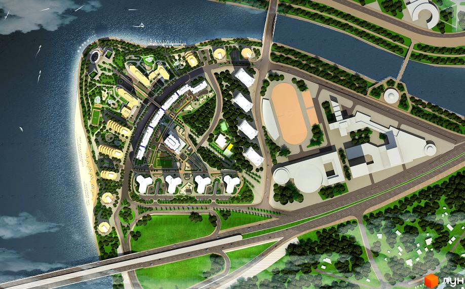 Загальний вигляд житлового комплексу Зарічний з висоти пташиного польоту. На зображенні видно будівлі, пляж, річку та зелені зони.