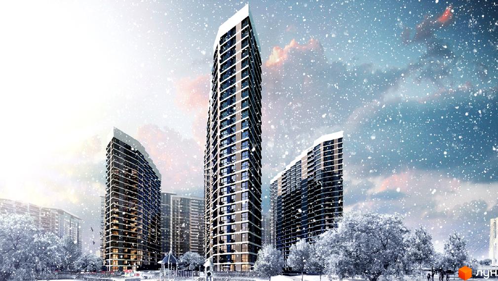 Житловий комплекс Зарічний у Києві взимку. Сучасні висотні будинки з панорамними вікнами та засніжена прибудинкова територія з деревами та дитячим майданчиком.
