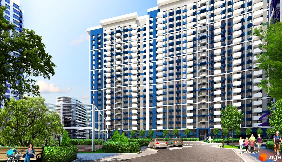 Житловий комплекс Зарічний: висотні будинки з синьо-білими фасадами та балконами, зелена прибудинкова територія з деревами та лавками.