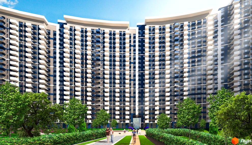 Зовнішній вигляд житлового комплексу Зарічний, що складається з кількох висотних будинків з балконами та панорамними вікнами. Прибудинкова територія озеленена деревами та кущами, є доріжки для прогулянок та велосипедних поїздок.