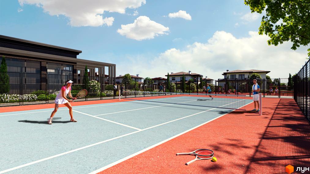 Котеджне містечко Franko River Club. На території комплексу розташовані тенісні корти з гравцями та зони відпочинку біля будинків.