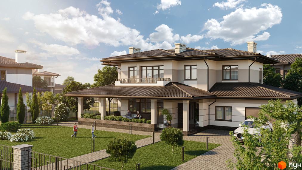 Котеджне містечко КМ Franko River Club. Двоповерховий будинок з коричневою черепичною кришею та великими вікнами. Прибудинкова територія з зеленим газоном та доріжками.