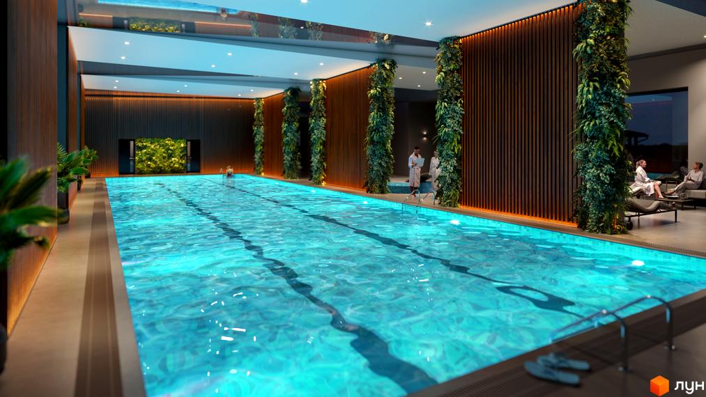 Басейн у житловому комплексі КМ Franko River Club з вертикальним озелененням та зоною відпочинку. Релакс та комфорт у новобудові.