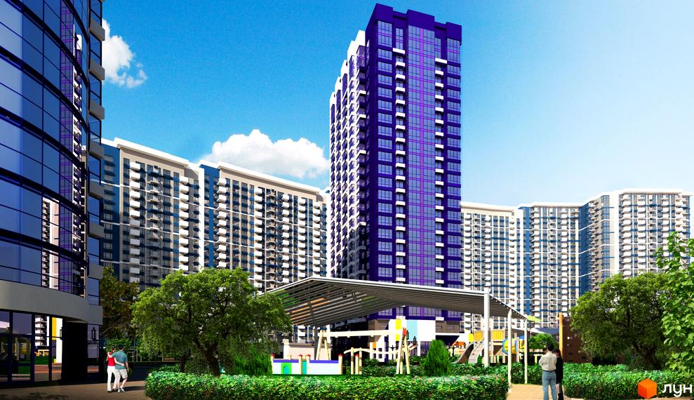 Житловий комплекс Зарічний: сучасна архітектура з фіолетовими та синіми фасадами, зелена прибудинкова територія з дитячим майданчиком.