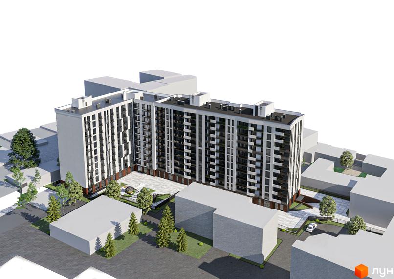 Житловий комплекс Авторський: фасади будівель з великою кількістю вікон та балконів, прибудинкова територія з деревами та пішохідними доріжками.