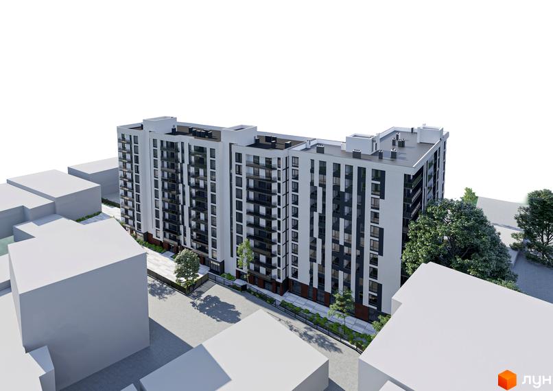 Житловий комплекс Авторський – це багатоповерховий будинок з біло-сірим фасадом та темними вікнами, розташований поруч із зеленими деревами та сусідніми будівлями.