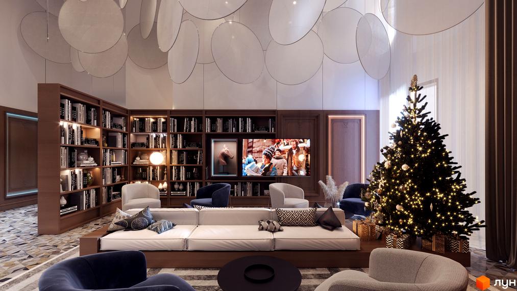 Затишна вітальня з книжковими полицями, диваном та телевізором. Оздоблення інтер'єру в стилі Creator City.