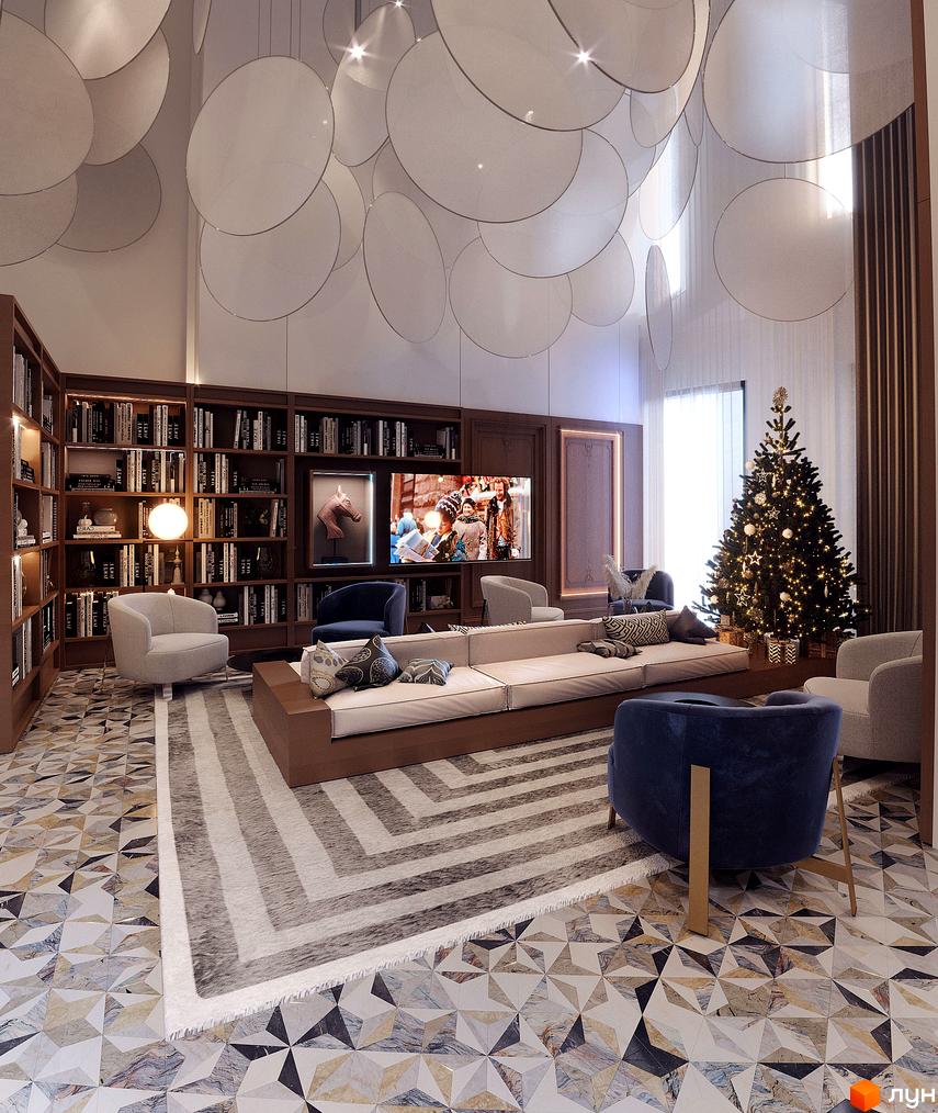 Затишна вітальня ЖК Creator City з каміном, великою бібліотекою та комфортними меблями. Оздоблення стін та підлоги в нейтральних тонах створює спокійну атмосферу.