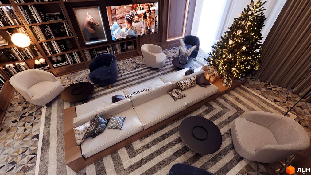 Вітальня з каміном та диваном у ЖК Creator City. Затишна атмосфера для відпочинку та зустрічей.