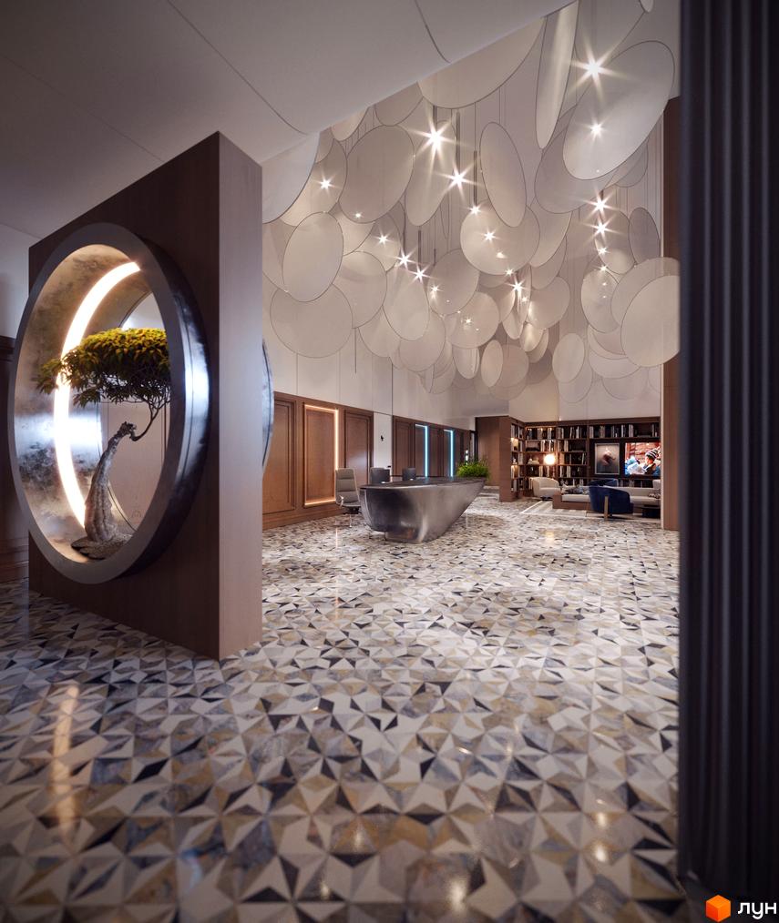 Інтер'єр ЖК Creator City з унікальним дизайном стелі та підлоги. Огляньте хол новобудови з арт-об'єктом та зоною відпочинку.