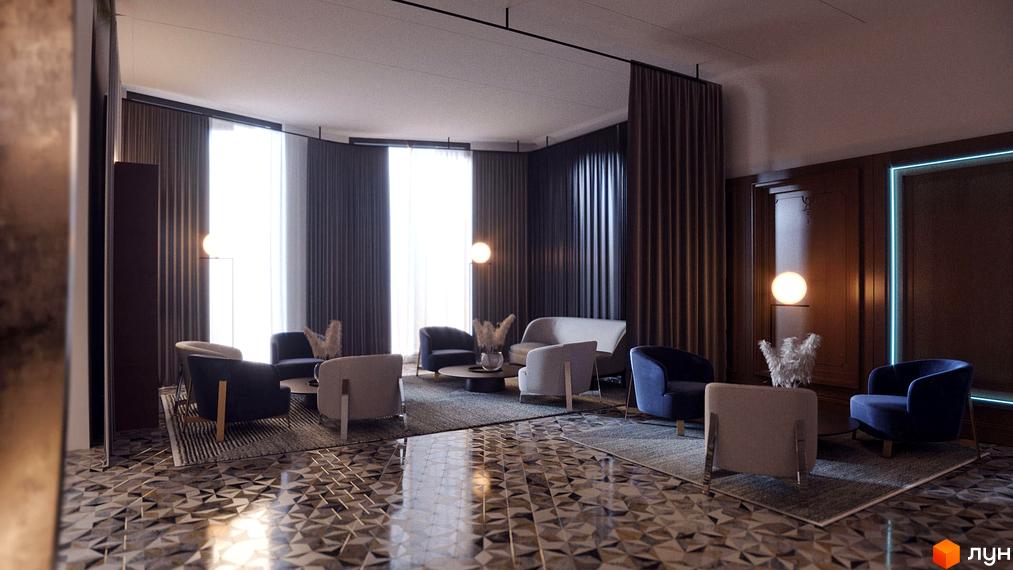 Інтер'єр вітальні в ЖК Creator City з комфортними кріслами та диваном. Дизайн приміщення вражає елегантністю та сучасними рішеннями.