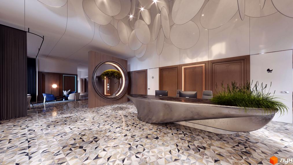 Дизайн холу ЖК Creator City з футуристичною стійкою реєстрації та оригінальною підлогою. Ознайомтеся з інтер'єрами новобудови.