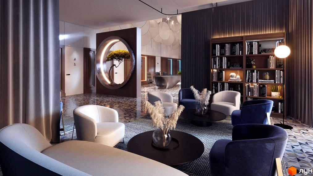 Інтер'єр холу житлового комплексу Creator City з дизайнерськими меблями та декоративним елементом з деревом. Просторий хол з місцями для відпочинку та книжковою полицею.