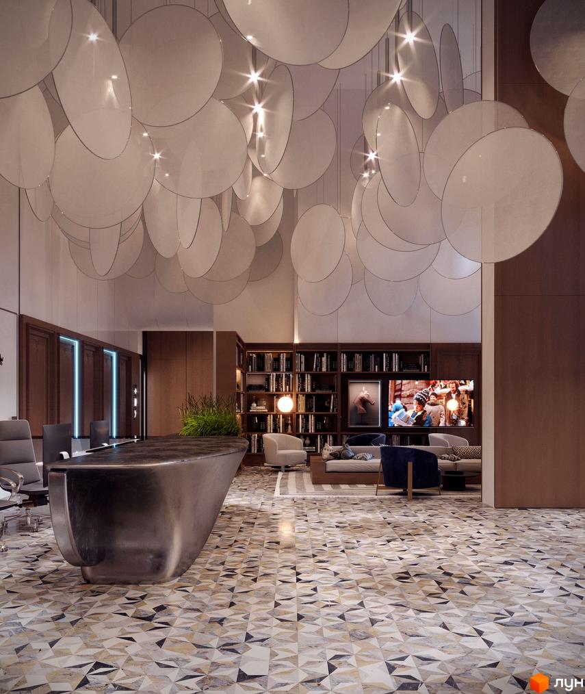 Інтер'єр лобі житлового комплексу Creator City з футуристичною стійкою реєстрації та оригінальною стельовою люстрою. Затишна зона відпочинку з диванами та телевізором.