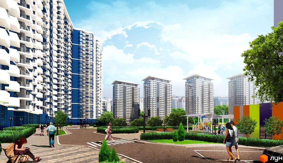 Житловий комплекс Зарічний: високі будинки з синіми та білими фасадами, балконами. На прибудинковій території дитячий майданчик, зелені насадження, люди гуляють.