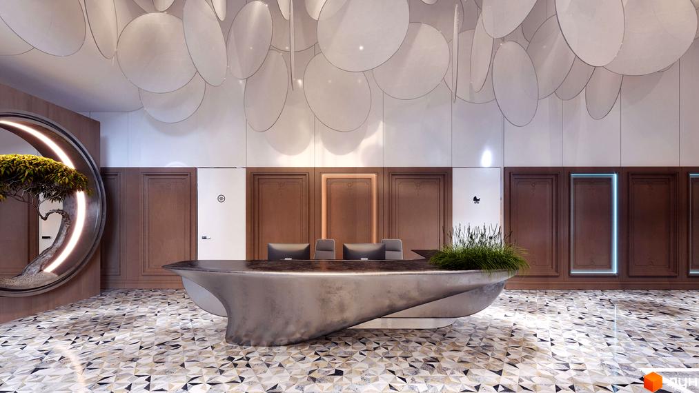 Сучасний дизайн рецепції житлового комплексу Creator City з оригінальною стійкою та підвісними елементами на стелі. Підлога з геометричним візерунком.