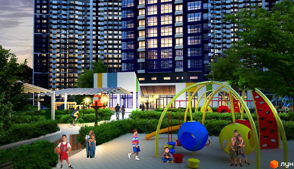 Житловий комплекс Зарічний: сучасна архітектура та дитячий майданчик. Огляд новобудови з зоною відпочинку та озелененням.