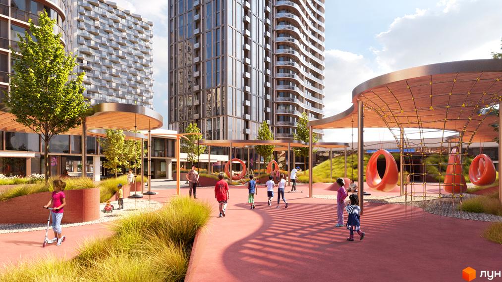Житловий комплекс Creator City з високими будинками та сучасною дитячою зоною відпочинку. Територія комплексу облаштована зеленими насадженнями та ігровими елементами для дітей.
