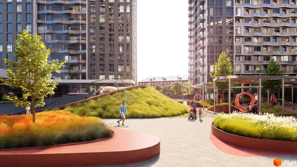 Житловий комплекс Creator City з високими будинками та доглянутою прибудинковою територією з зеленими зонами та місцями для відпочинку.