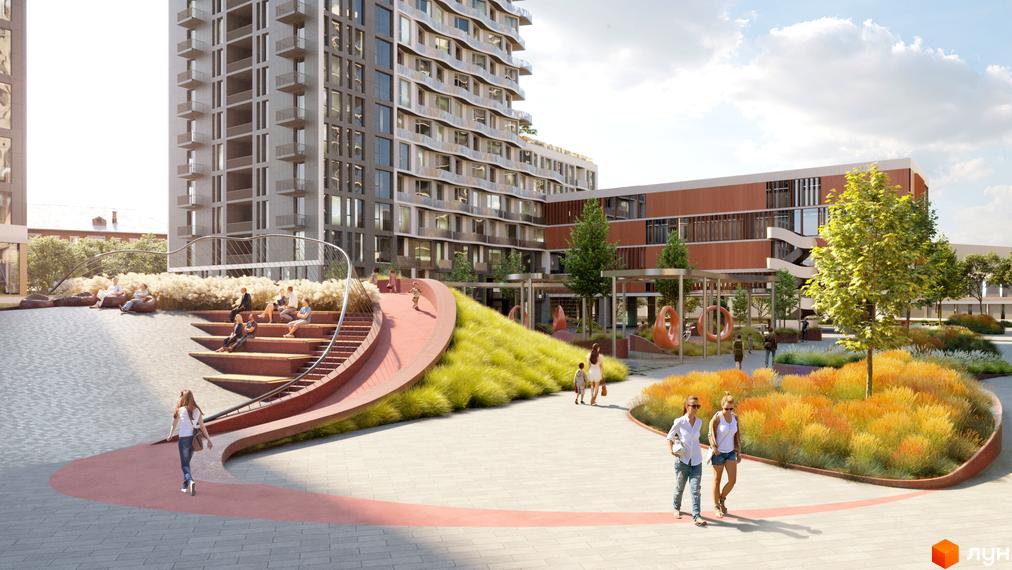 Житловий комплекс Creator City з високою будівлею та прибудинковою територією з ландшафтним дизайном, дитячим майданчиком та зонами відпочинку.