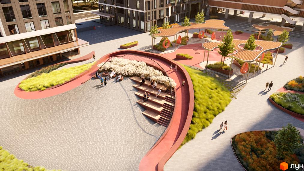 Комплекс Creator City з сучасною архітектурою та облаштованою прибудинковою територією. Зелені зони, місця для відпочинку та дитячі майданчики.