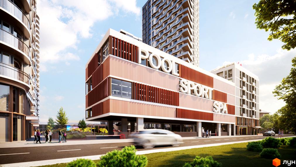Житловий комплекс Creator City з фасадами кольору теракоти та написом POOL SPORT SPA. На прибудинковій території видно зелень та людей.