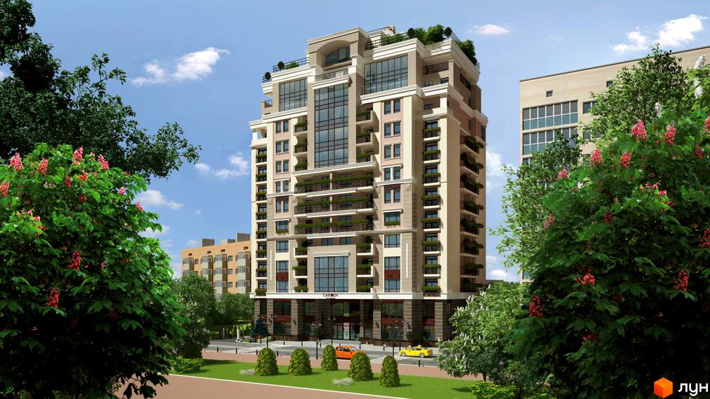 Висотна будівля житлового комплексу Garden City Residence з великими вікнами та балконами. На прибудинковій території зелені насадження та автомобілі.