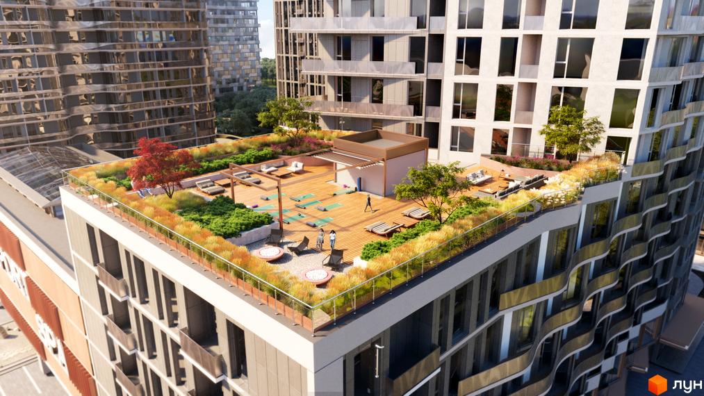 Новобудова Creator City з зеленою терасою та зонами відпочинку. Сучасний житловий комплекс з відкритими терасами та ландшафтним дизайном.
