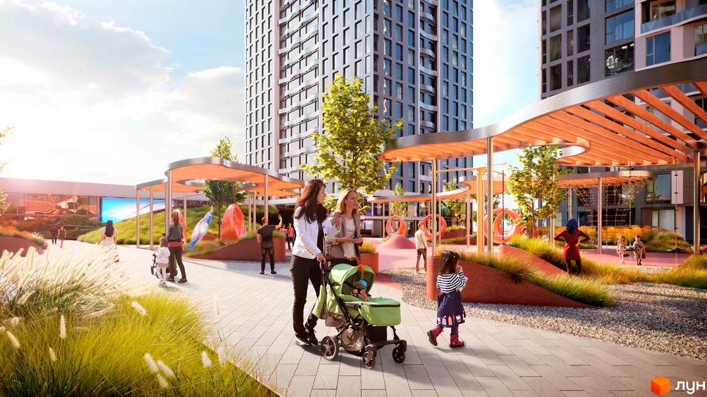 Житловий комплекс Creator City з дитячим майданчиком та відпочинковою зоною. Сучасна архітектура та зелена територія для мешканців.