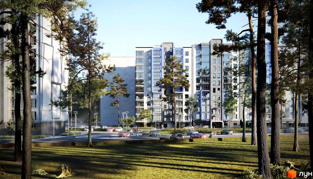 Житловий комплекс R2 Residence: багатоповерхові будинки з комбінованими фасадами, оточені соснами та зеленою територією.