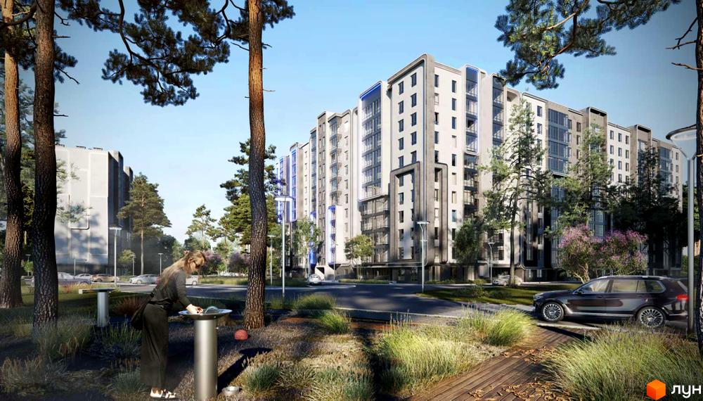 Багатоповерхові будинки Житлового комплексу R2 Residence зі світлими фасадами та скляними секціями. Прибудинкова територія з деревами, зеленню та доріжками.