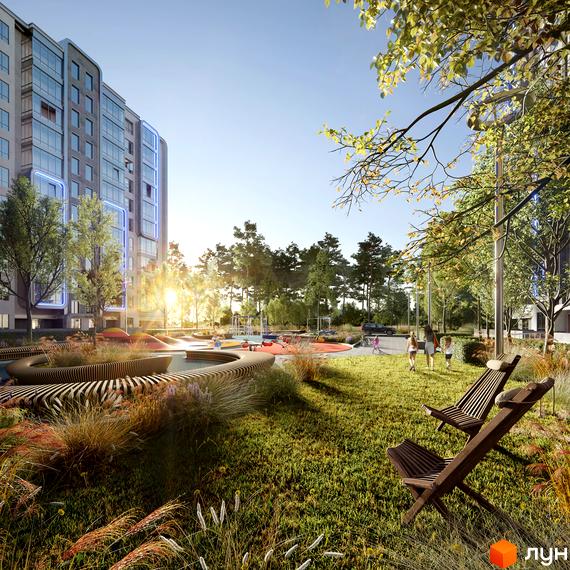 Житловий комплекс R2 Residence з прибудинковою територією, дитячим майданчиком та зонами відпочинку.