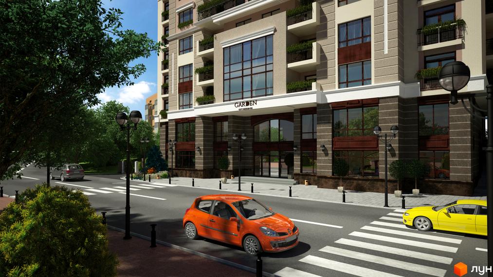 Garden City Residence — новий житловий комплекс з фасадом у світлих тонах. На прибудинковій території є зелені насадження, тротуар та дорога з автомобілями.