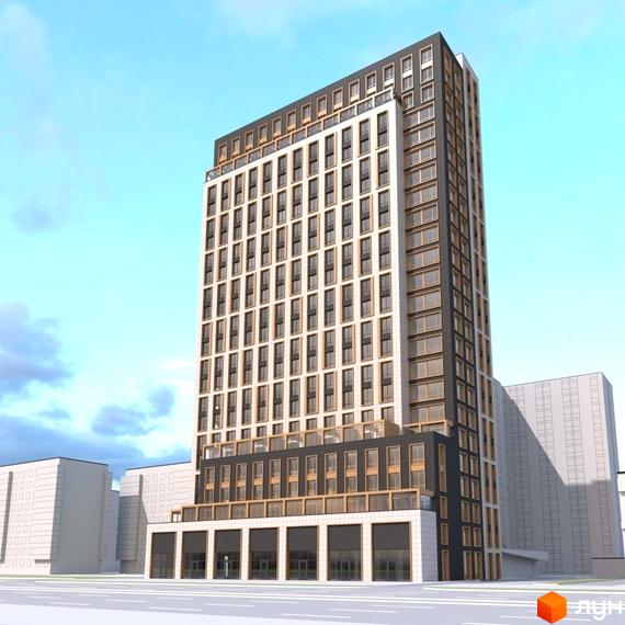 Зовнішній вигляд висотної новобудови ЖК West Hall з численними вікнами та темними елементами фасаду. Будинок розташований на фоні блакитного неба з хмарами.