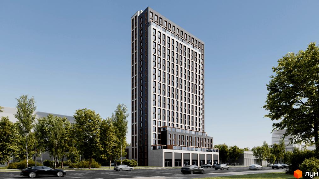 Високоповерховий житловий комплекс West Hall з темним фасадом та великою кількістю вікон, розташований біля дороги з деревами.