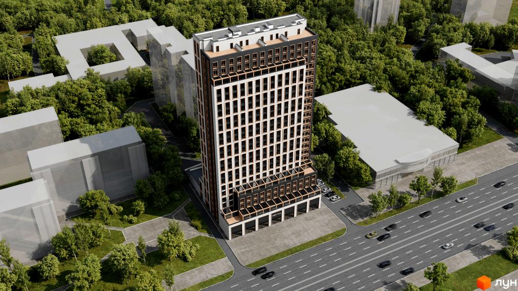 Житловий комплекс West Hall - висотна будівля з білими та темними фасадами, розташована серед дерев. Навколо комплексу зелена територія та дорога з автомобілями.