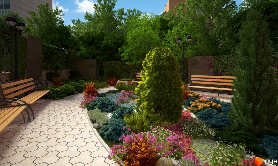 Garden City Residence. Житловий комплекс з ландшафтним дизайном та місцями для відпочинку. На території розташовані лавки, клумби з квітами та доріжки з плиткою.
