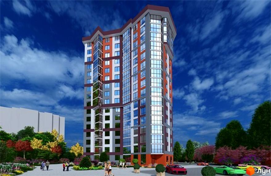 Зовнішній вигляд ЖК Варшавський мікрорайон: висотна будівля з панорамним склінням та яскравими фасадами. На прибудинковій території розташовані зелені насадження, дерева та місця для паркування.