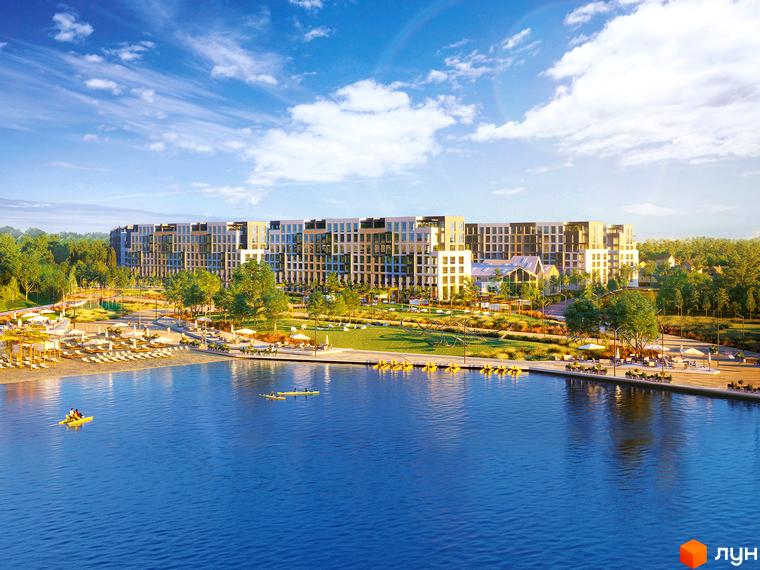 Житловий комплекс Riverside з фасадами світлих та темних кольорів, розташований біля водойми з пляжем та зоною відпочинку.