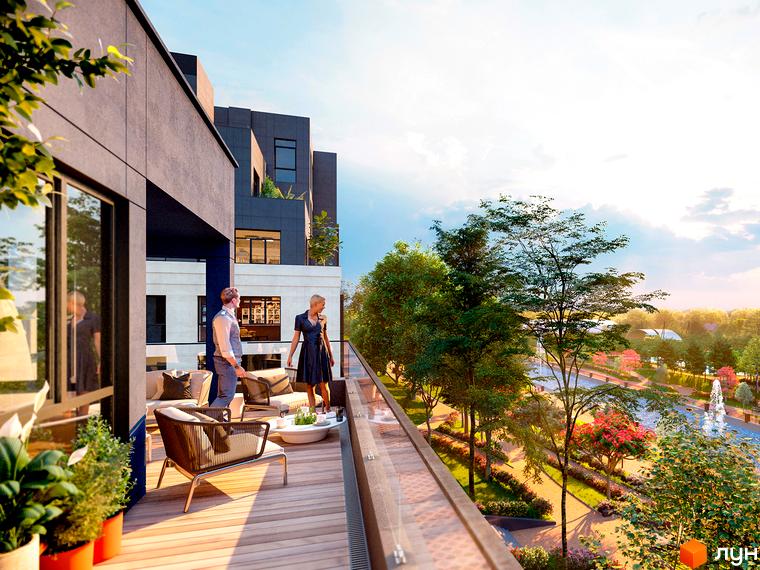 Житловий комплекс Riverside з просторою терасою та видом на зелений парк з фонтанами. Сучасна архітектура будинку та доглянута прибудинкова територія.