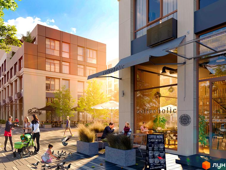 Житловий комплекс Riverside з фасадами з натуральних матеріалів та затишною прибудинковою територією з місцями для відпочинку та кафе.