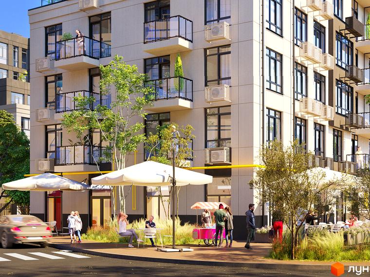 Житловий комплекс Riverside: фасади будівель з балконами та вікнами, прибудинкова територія з парасольками та місцями для відпочинку.