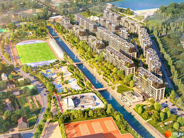 Житловий комплекс Riverside з багатоповерховими будинками біля річки, спортивними об'єктами та зонами відпочинку. Сучасна архітектура та розвинена інфраструктура для комфортного життя.