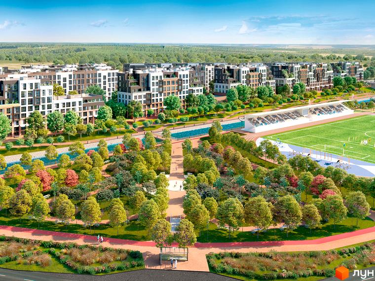 Житловий комплекс Riverside з багатоповерховими будинками та спортивною інфраструктурою, оточений парковою зоною з деревами та водоймою.