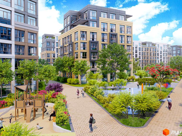 Житловий комплекс Riverside: багатоповерхові будинки з панорамними вікнами та зелена прибудинкова територія з дитячим майданчиком.