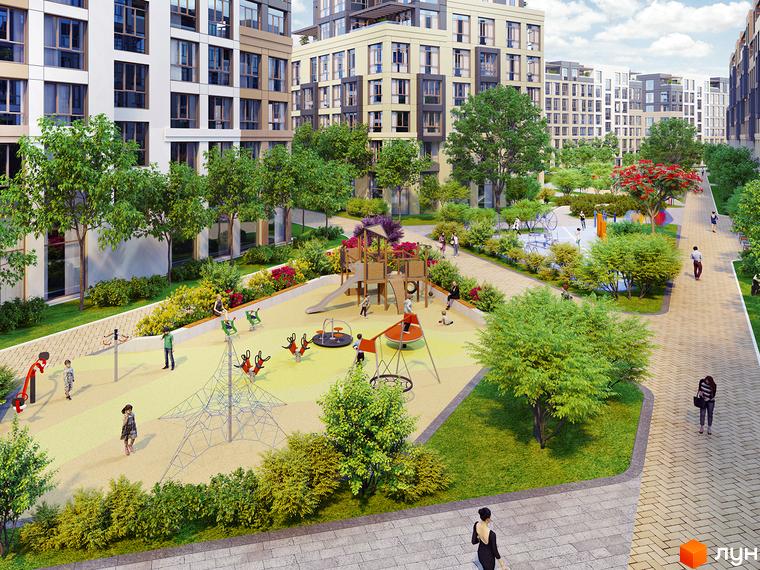 Житловий комплекс Riverside: фасади будинків з панорамними вікнами та дитячий майданчик з елементами для активного відпочинку.
